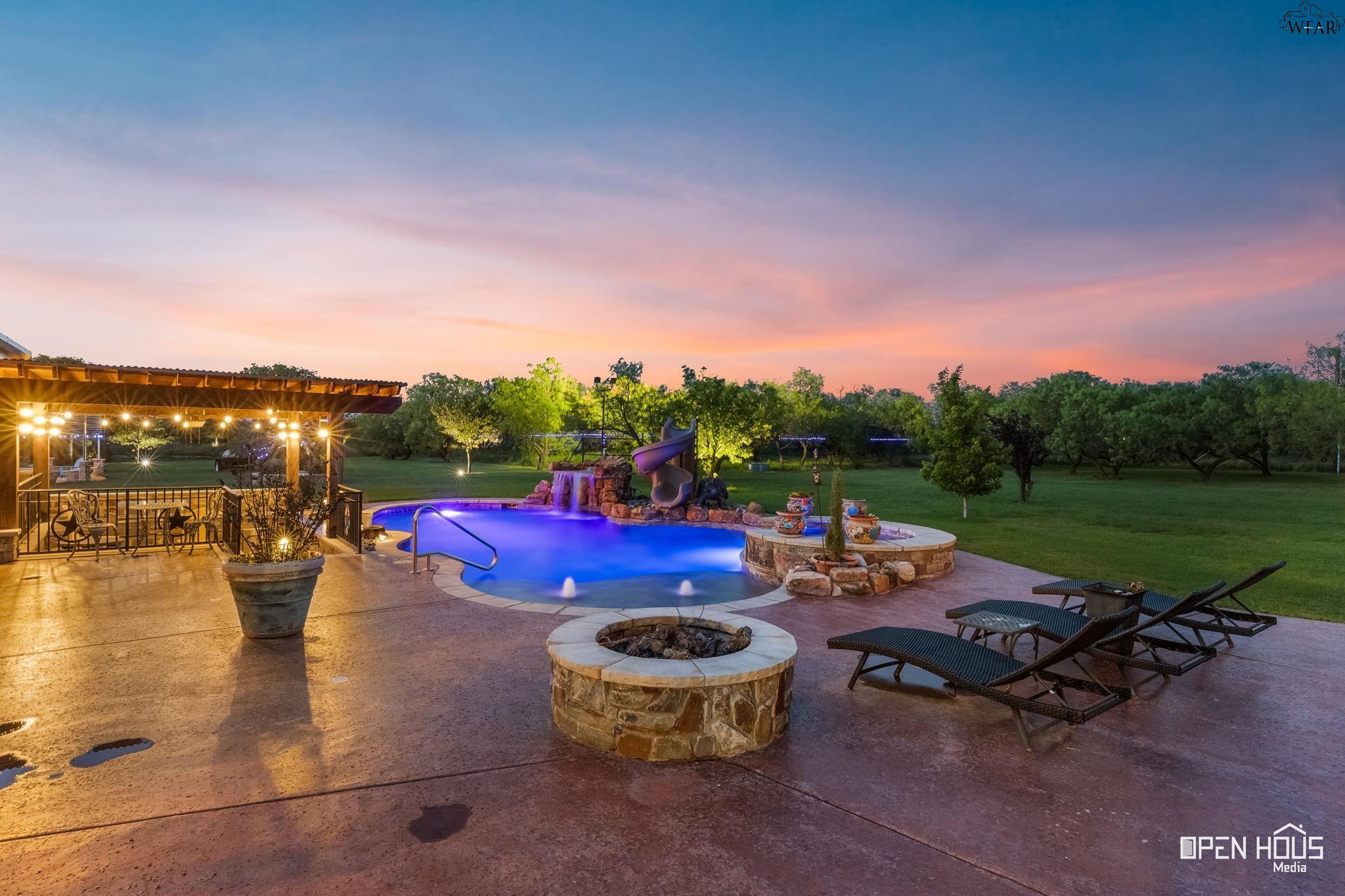 Fire pit and outdoor living at dusk